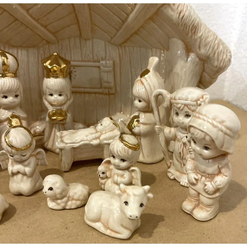 Ceramic Glazed Nativity Scene Christmas Village Holiday Decor 14 Pieces